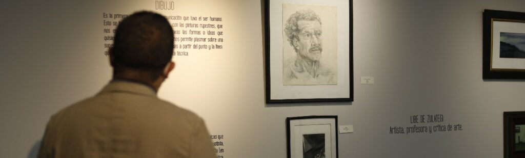 fotografia de un hombre viendo obras de arte de Libe de Zulategi